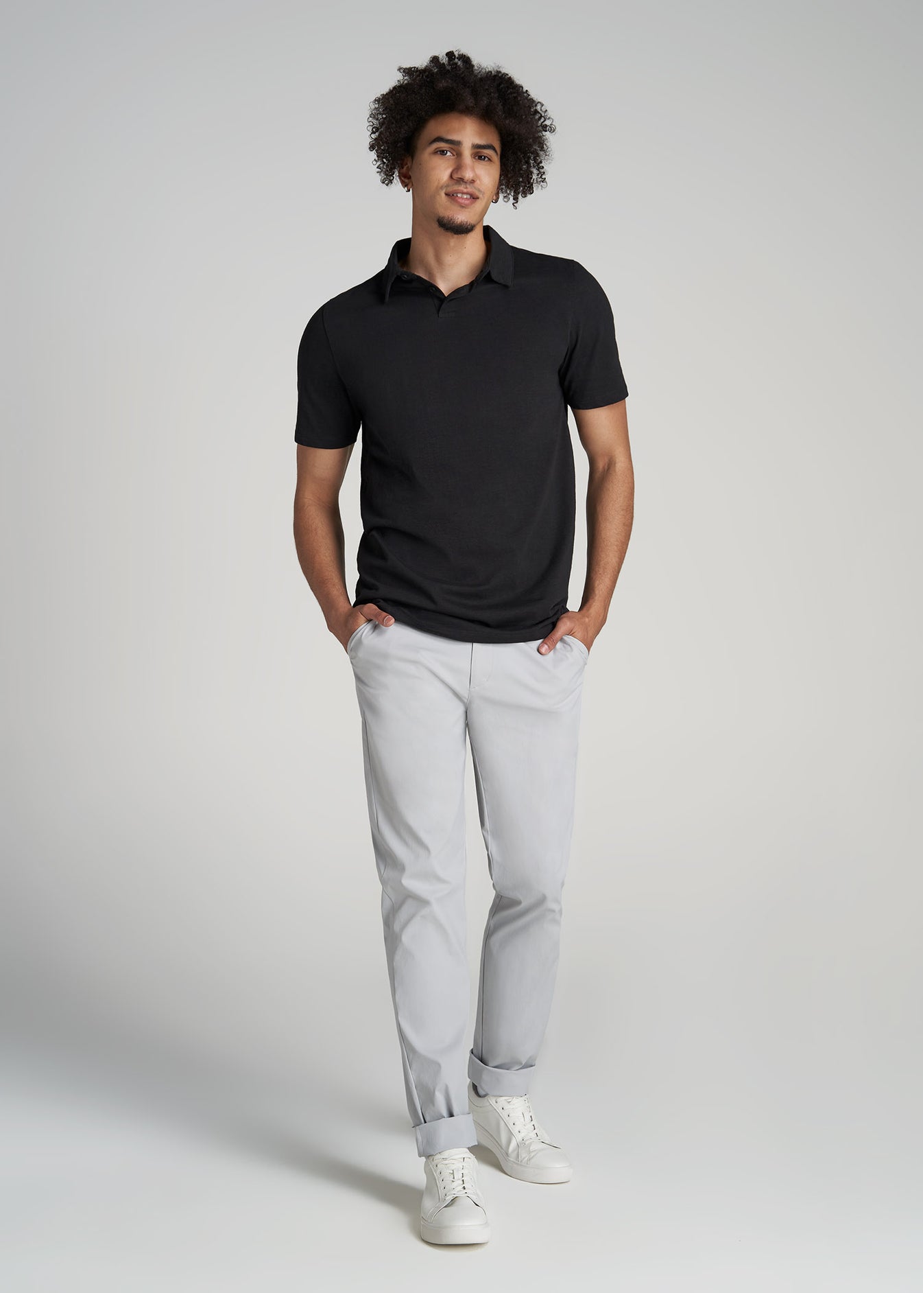 Men's Tall Slub Self Collar Polo With Placket Black | American Tall