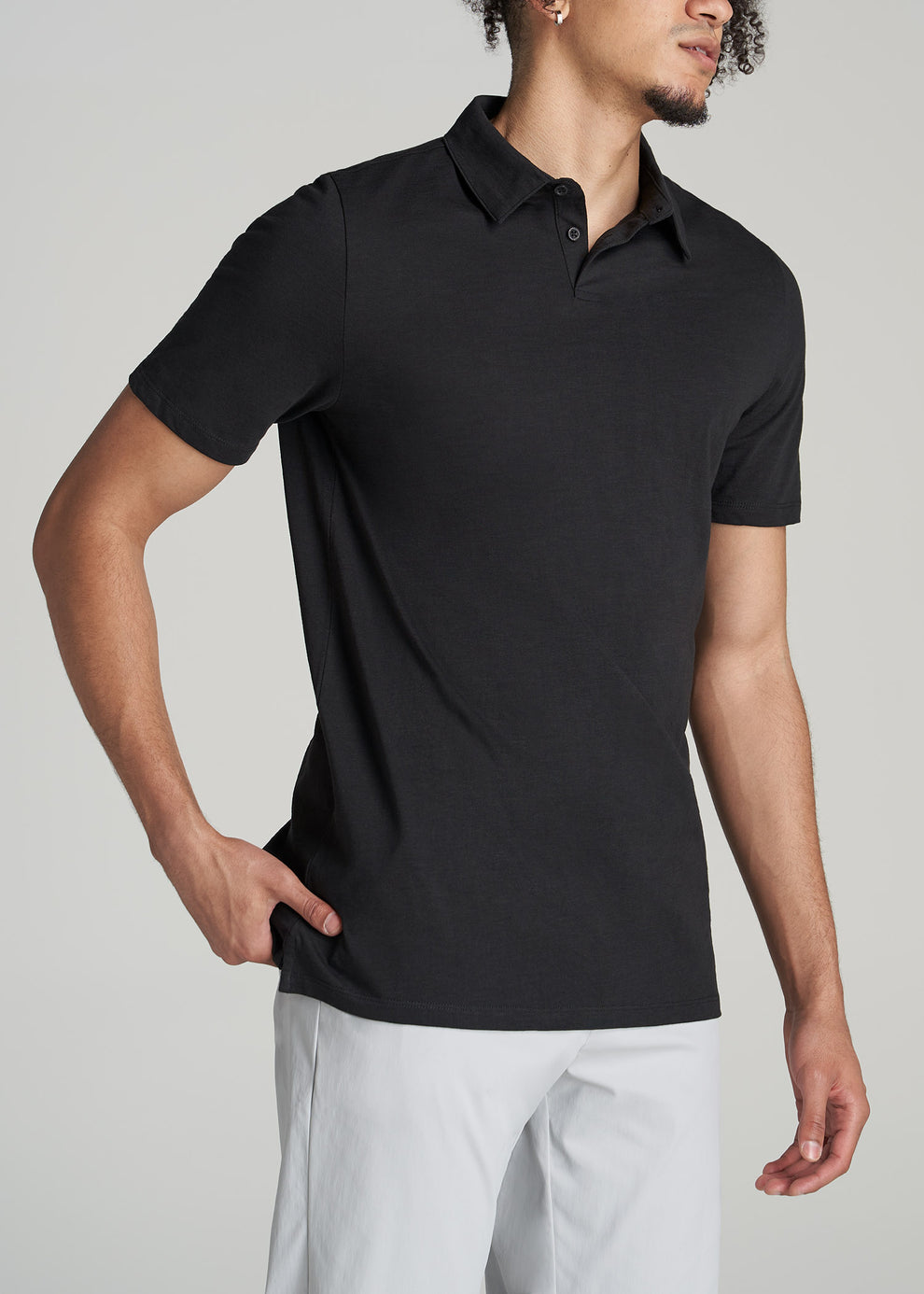 Men's Tall Slub Self Collar Polo With Placket Black | American Tall