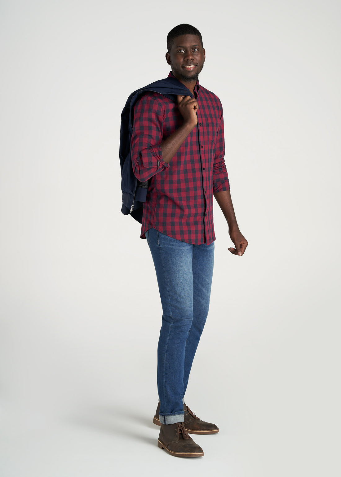 A tall man wearing American Tall's Soft-Wash Button-Up Shirt for Tall Men in the color Red & Deep Denim Plaid