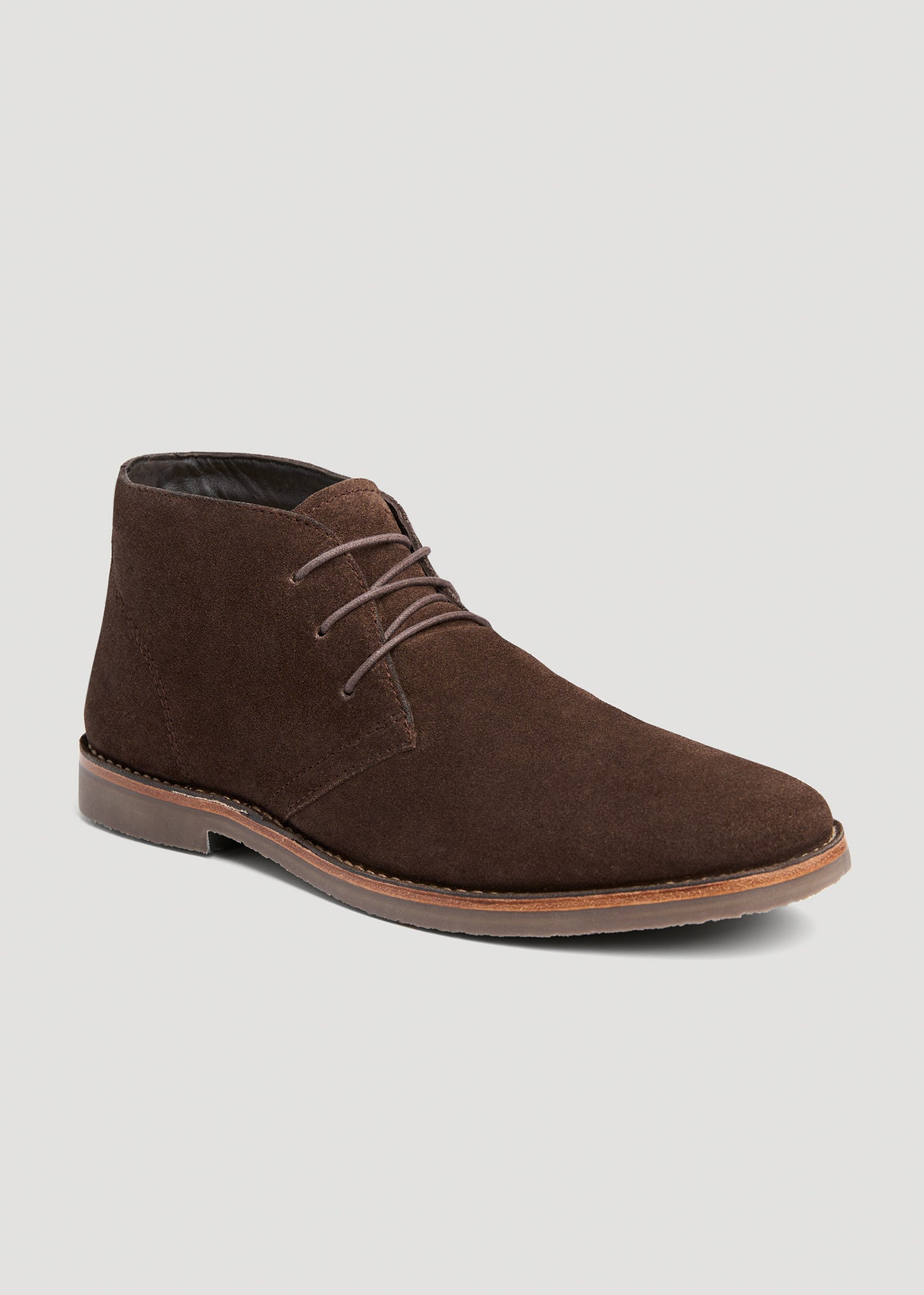 Side view of American Tall's Suede Desert Boot in the color Dark Brown.