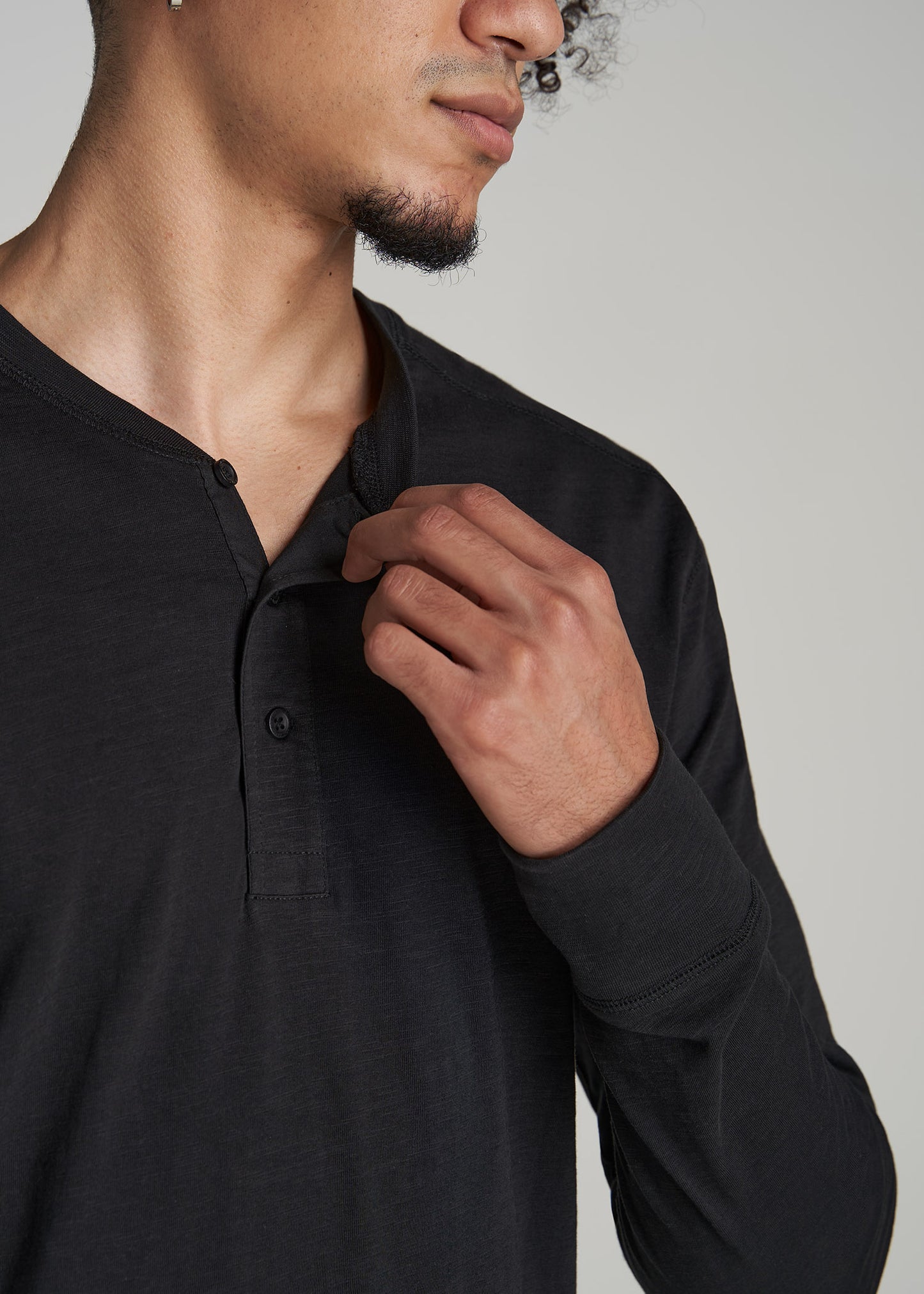 Long Sleeve Slub Henley Shirt for Tall Men Black