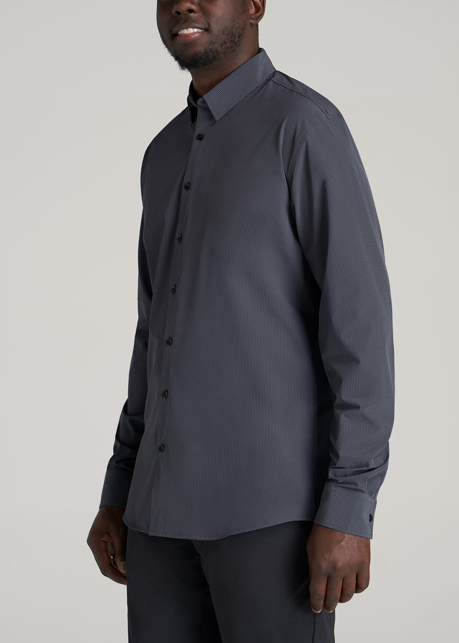 Traveler Stretch Dress Shirt for Tall Men in Charcoal Micro Check
