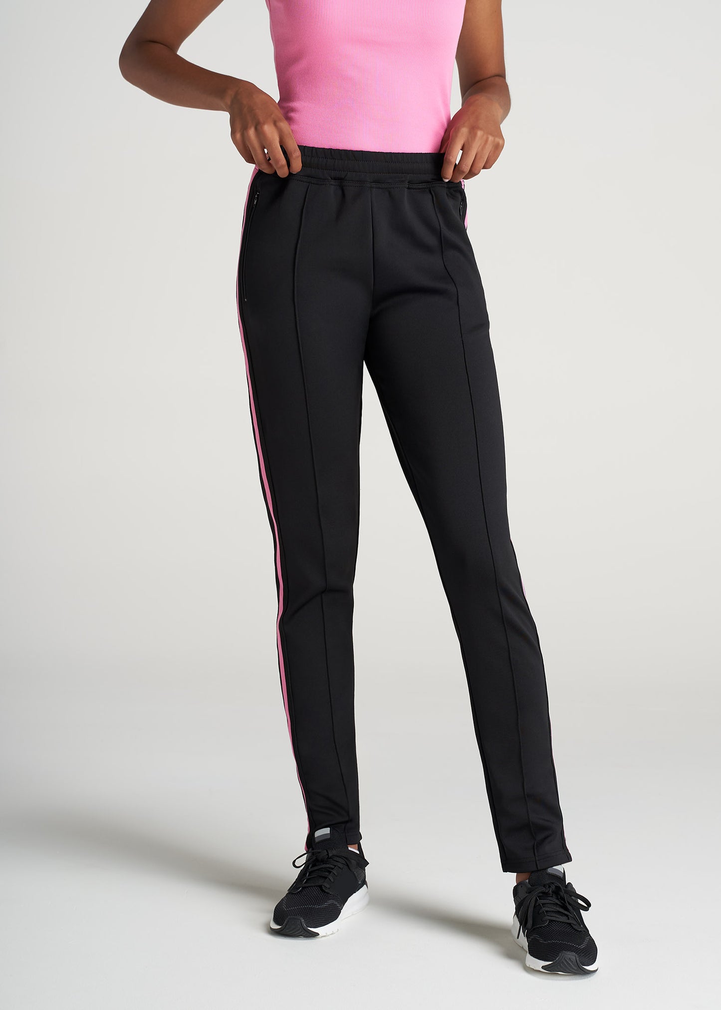 American-Tall-Women-Athletic-StripePant-Black_Pink-front