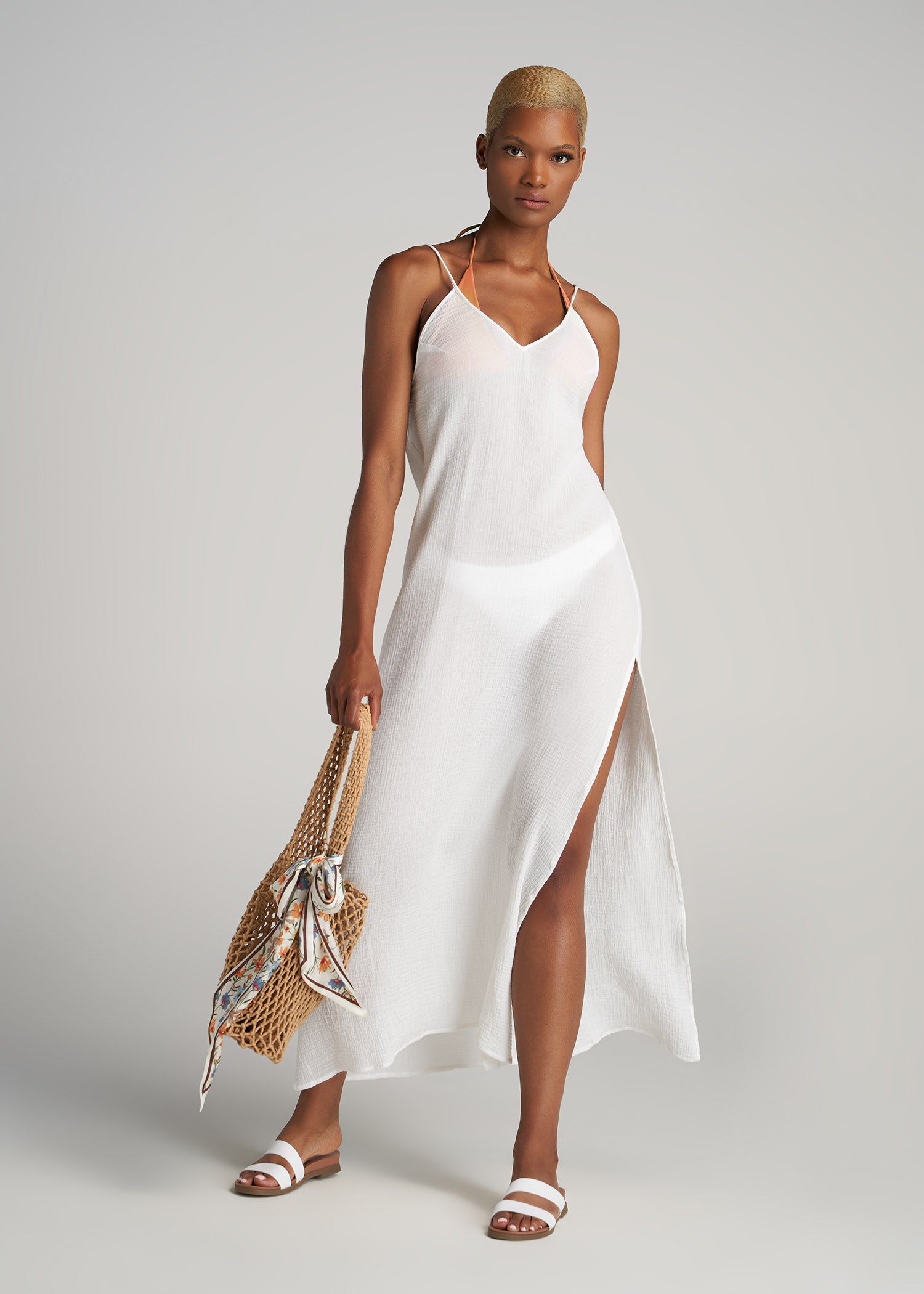 Cover-Up Gauze Maxi Dress for Tall Women in White