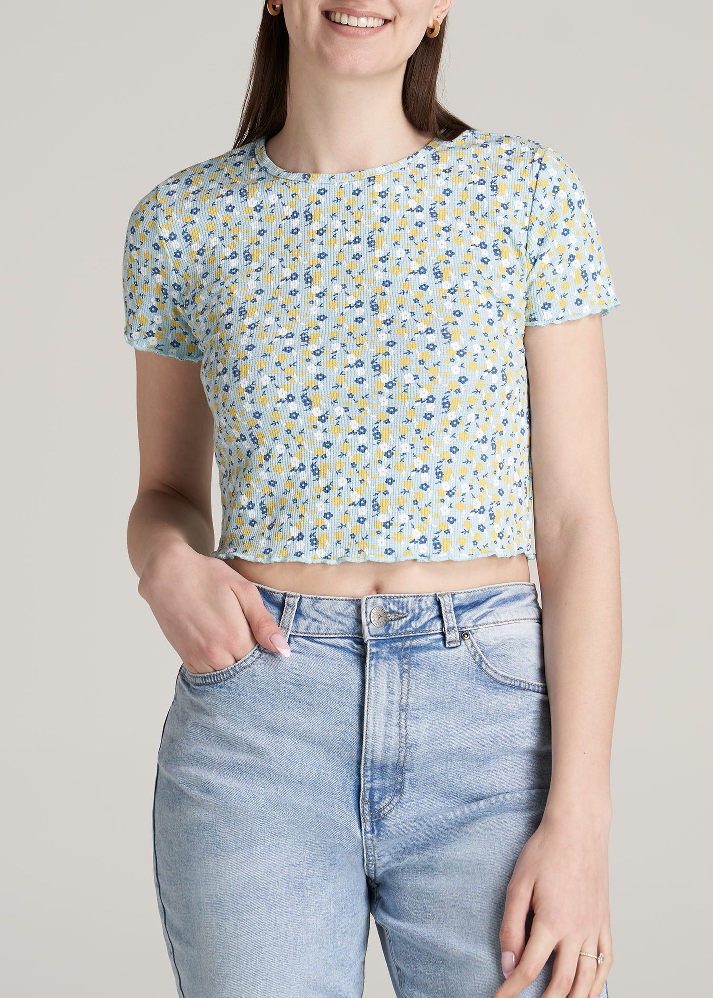 Women's Tall Cropped Waffle Tee Corydalis Blue Floral, American Tall
