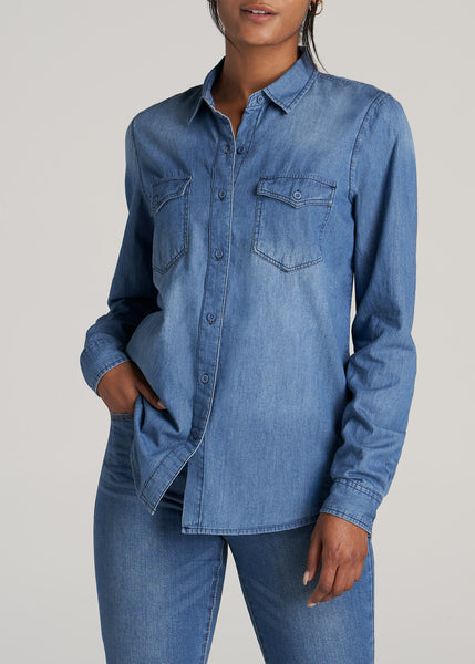 Buy Vetinee Women's Button Down Denim Shirt Collared Casual Long Sleeve  Pocket Tops, C-helium Blue, X-Small at Amazon.in
