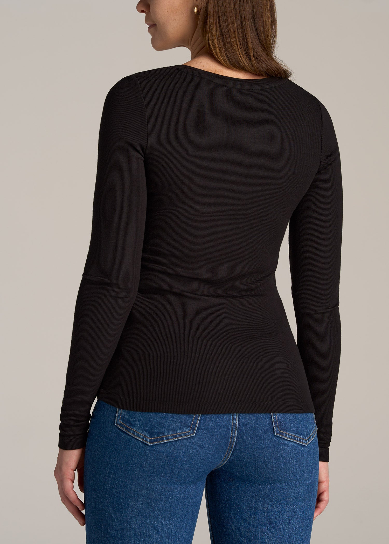 Tall Women's FITTED Ribbed Long Sleeve Henley in Black