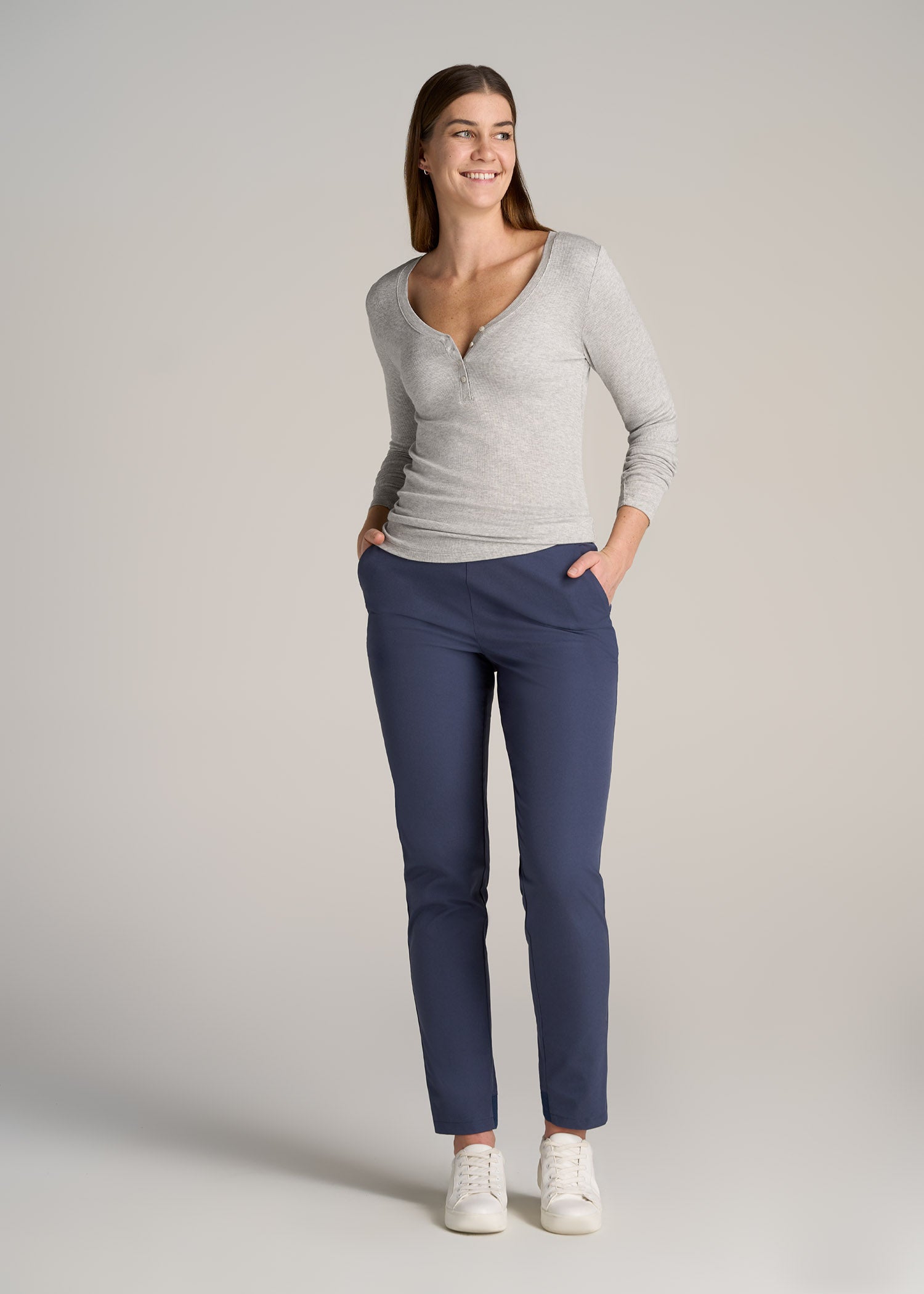 Women Tall Ribbed Long Sleeve Henley Grey Mix | American Tall