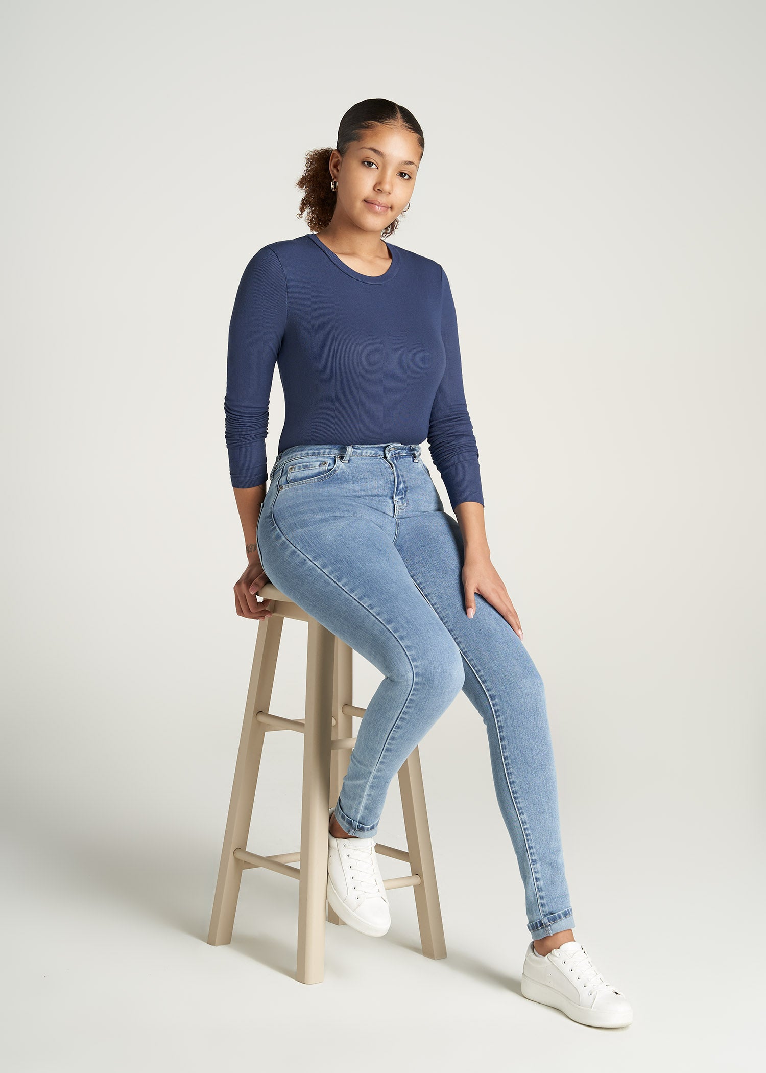 FITTED Ribbed Long Sleeve Tee in Navy - Tall Women's Shirts