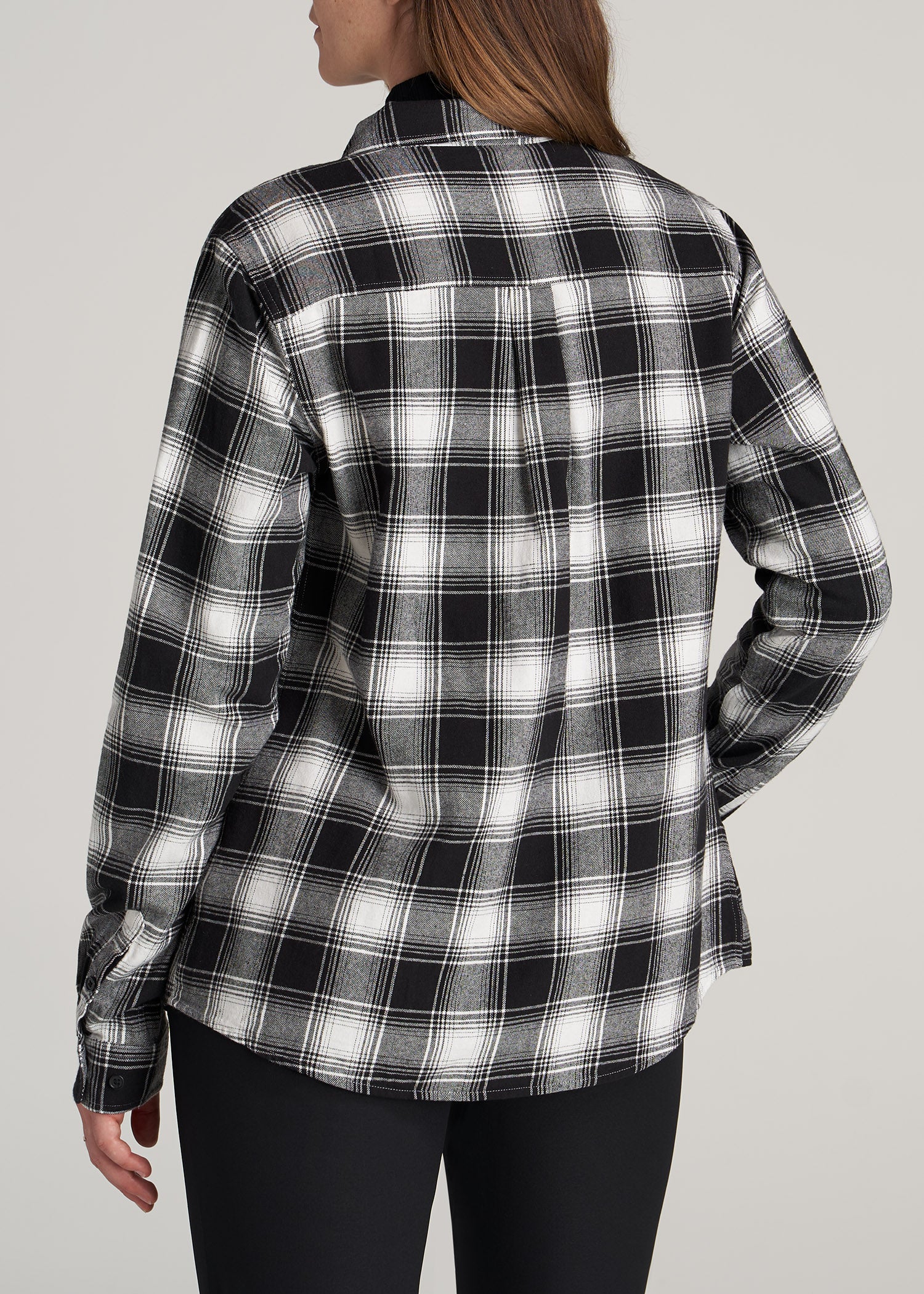 Flannel Button-Up Shirt for Tall Women in Black & White Plaid