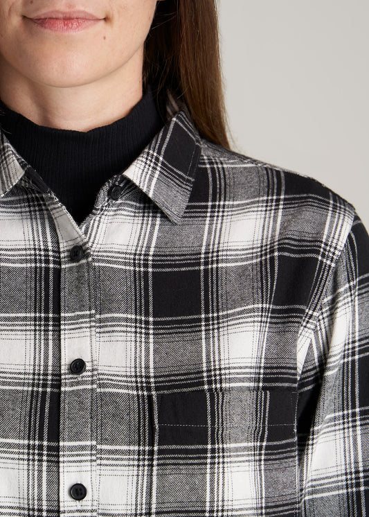    American-Tall-Women-Flannel-Button-up-Shirt-Black-White-Plaid-detail