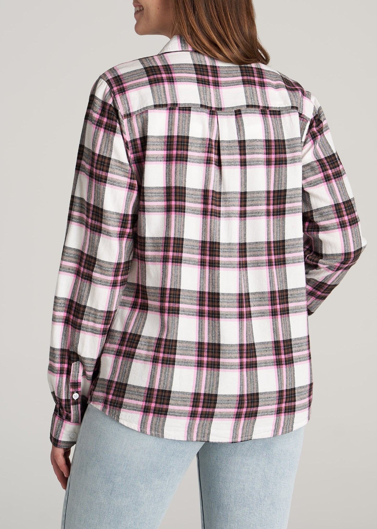    American-Tall-Women-Flannel-Button-up-Shirt-Pink-Copper-Plaid-back
