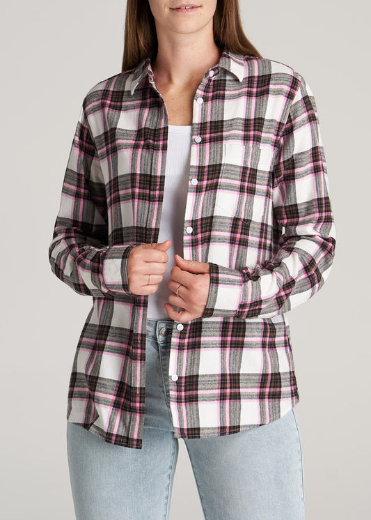    American-Tall-Women-Flannel-Button-up-Shirt-Pink-Copper-Plaid-front