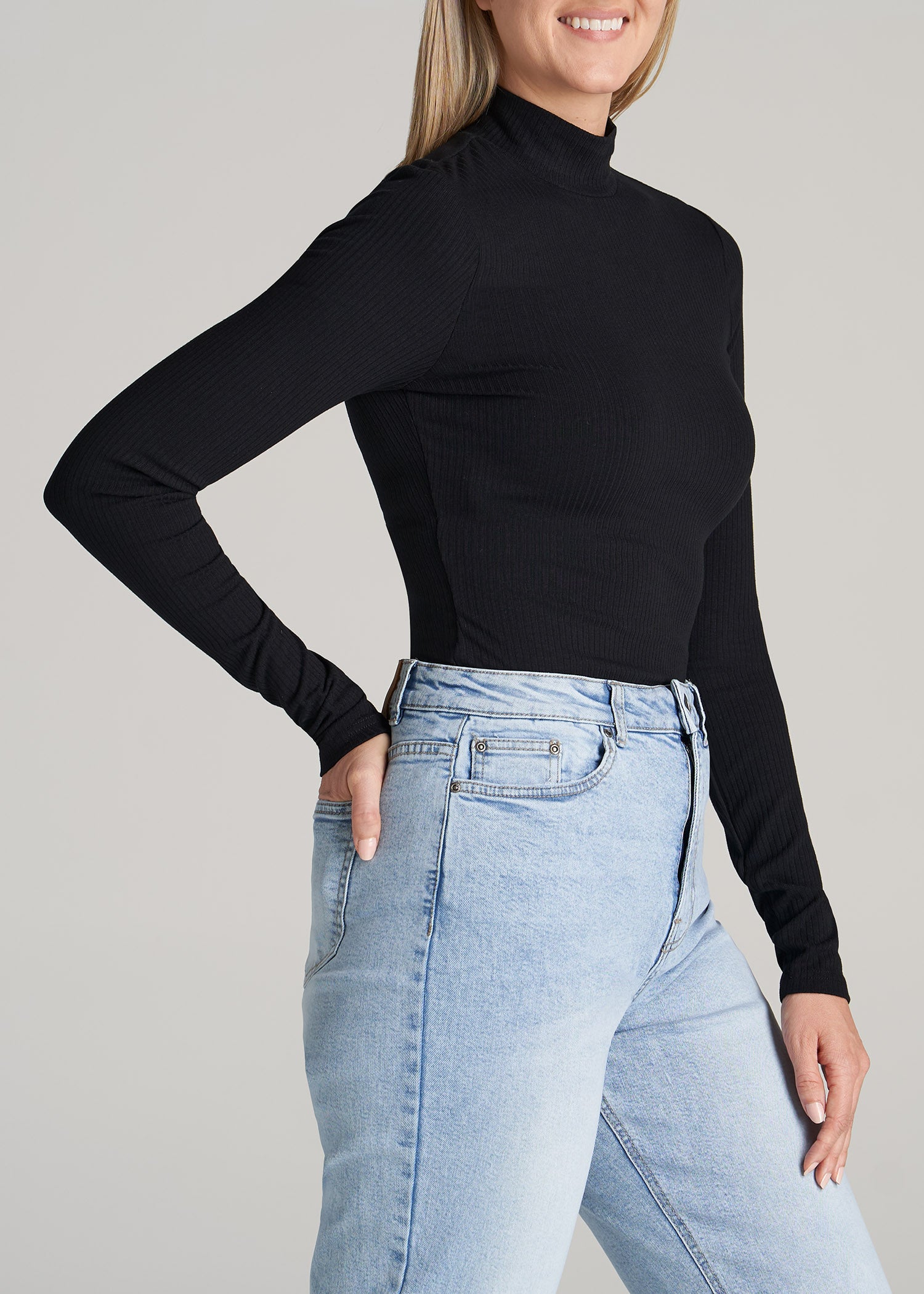 Long Sleeve Mock Neck Ribbed Top for Tall Women in Black