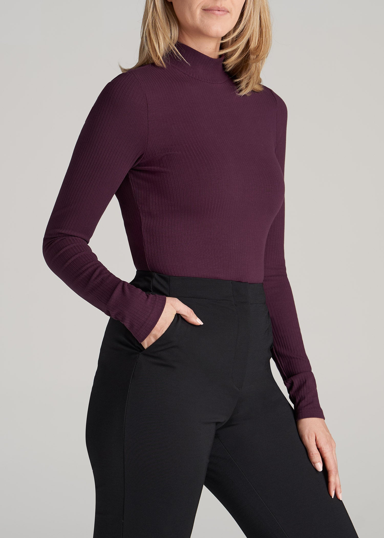 Long Sleeve Mock Neck Ribbed Top for Tall Women in Maroon