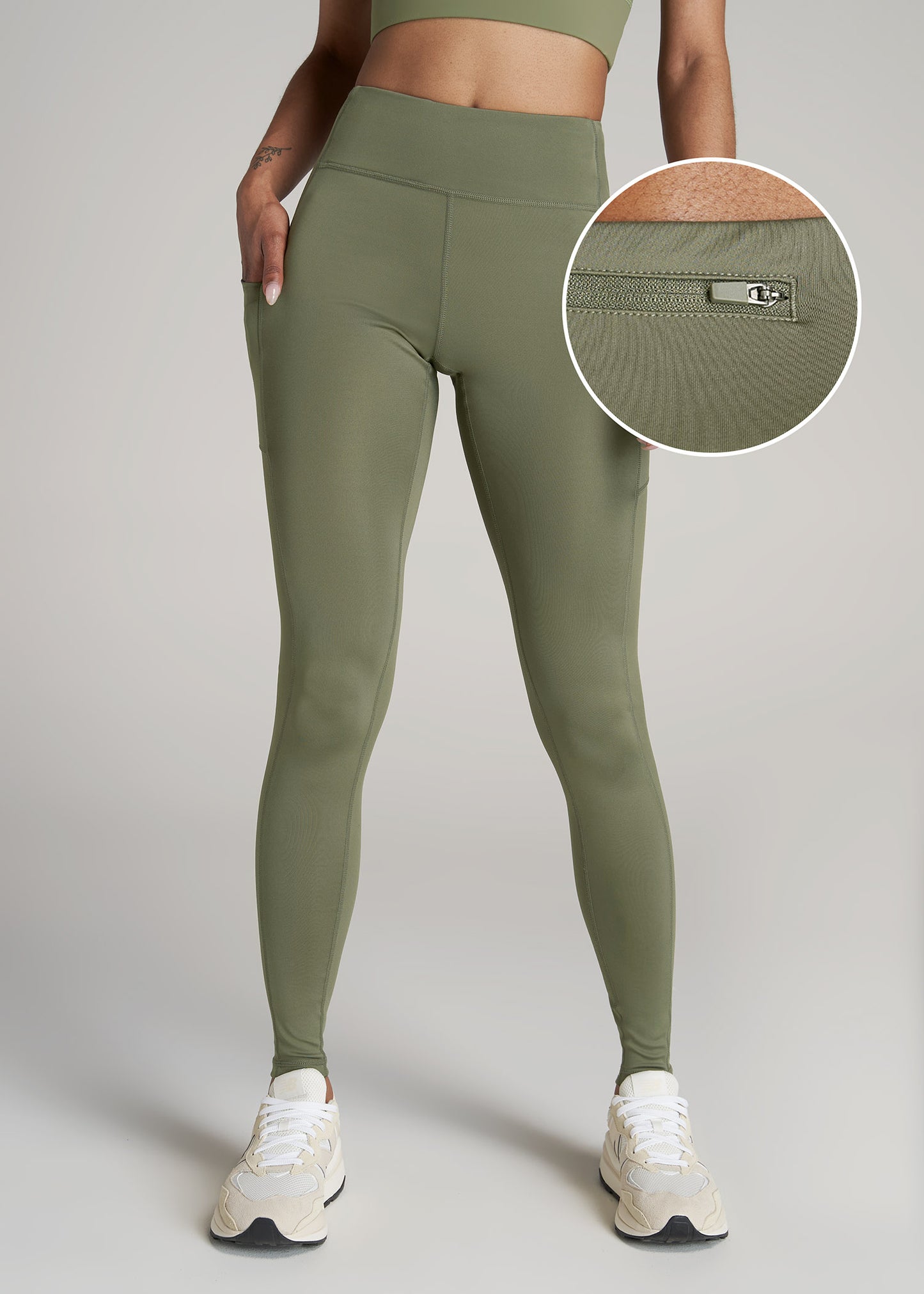 Women's Classic High-waisted Olive Green Leggings With Pockets